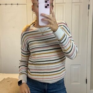 REI Cream Striped Waffle Crewneck Sweater with Pink, Mustard, and Olive Stripes